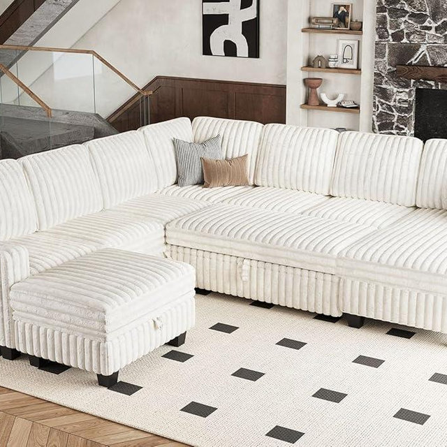 Belffin Oversized Sofa Bed Modular Sectional Sleeper Sofa with Pull Out Bed L Shaped Couch with Storage Chaise White Couch