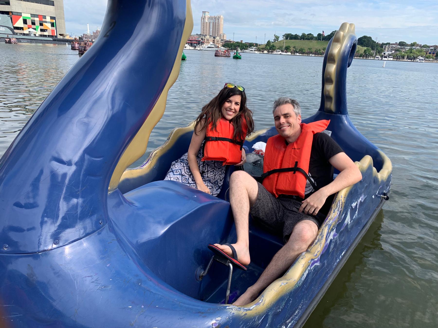 “Chessie” the sea monster paddleboats at Inner Harbor, Baltimore, Maryland