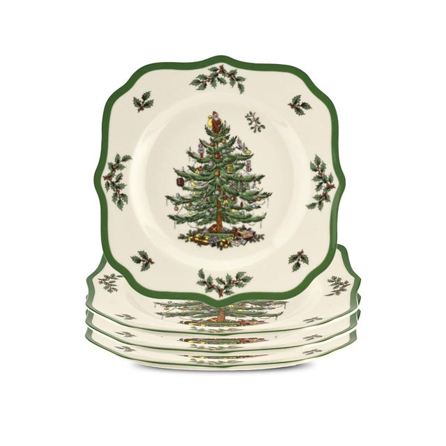 Spode Christmas Tree Scalloped Salad Plates (Set of 4) - Holiday-Themed Stoneware Appetizer Plate - 9 Inch Christmas Dinner Dish - Colorful Gifts & Mistletoe Accents - Dishwasher & Microwave Safe