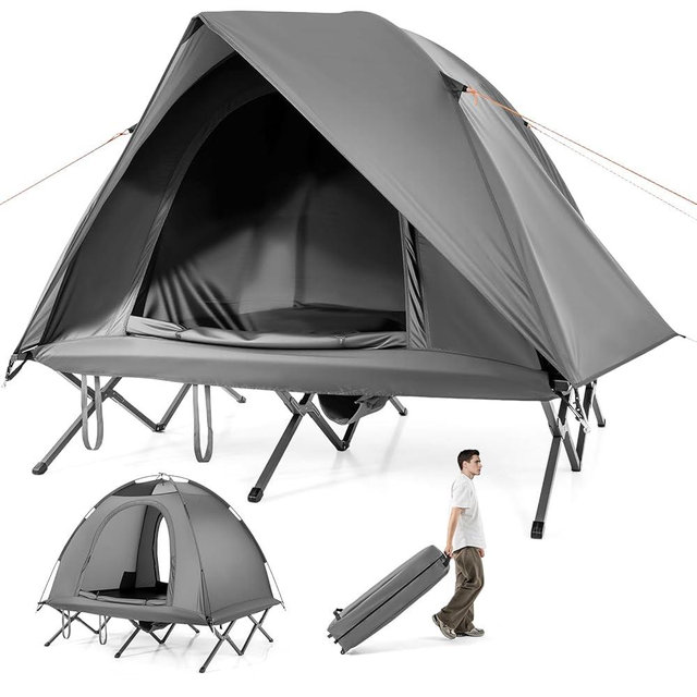 GYMAX 2-Person Tent Cot, 3 in 1 Folding Off-Ground Cot Bed Combo with Portable Wheeled Bag, Waterproof Rainfly, 2 Mesh Doors & Skylight Roof for Hiking, Backpacking, Outdoor