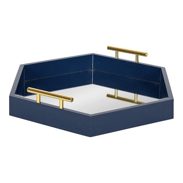 Kate and Laurel Lipton Modern Hexagon Mirrored Tray, 18 x 18, Navy and Gold, Midcentury Decorative Serving Tray for Storage and Display