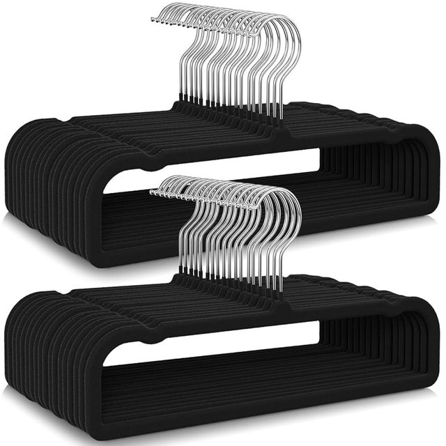 50 Pack Black Velvet Hangers Non Slip, Felt Pants Hangers Thin Space Saving Clothes Hanger Flocked Strong Durable Ganchos para Colgar Ropa with 360°Swivel Hook for Pants Jeans Shorts Skirts Tank Top