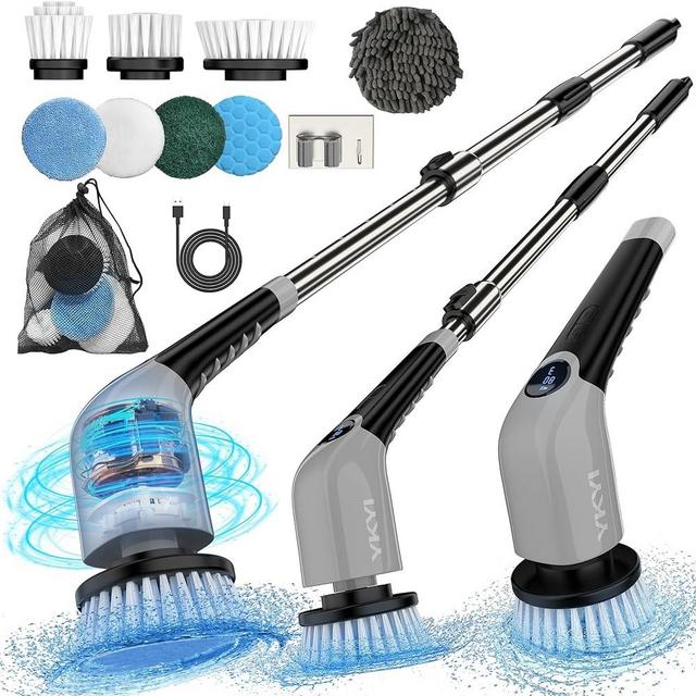 YKYI Electric Spin Scrubber,Cordless Electric Cleaning Brush,Power Scrubber with 8 Replaceable Brush Heads,3 Adjustable Speeds,Voice Broadcast,Shower Scrubber with Long Handle for Bathtub Tile Floor