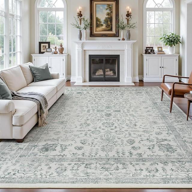 RUGVIGO Floral 8x10 Area Rugs for Living Room, Grey Vintage Washable Rug Distressed, Large Non-Slip Stain Resistant Aesthetic Carpet for Bedroom Nursery Home Office Dining Room