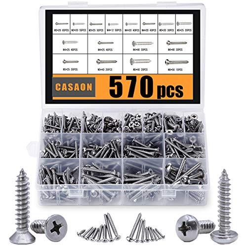 Self Tapping Screws Assortment Set, M3/M4/M5/M6 304 Stainless Steel Sheet Metal Screws Kit, Casaon Phillips Drive Wood Screw Assortment 570pcs (285pcs Round Head and 285pcs Flat Head)