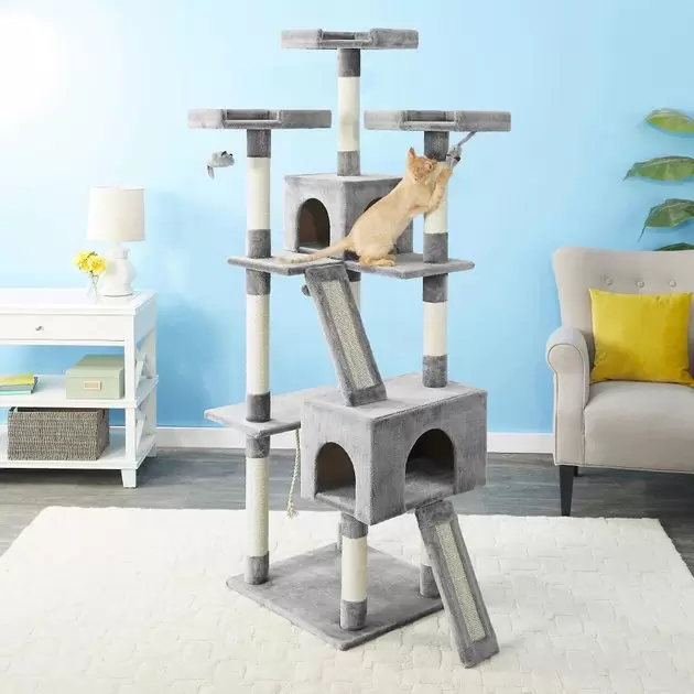 FRISCO 72-in Faux Fur Cat Tree & Condo, Gray - Chewy.com
