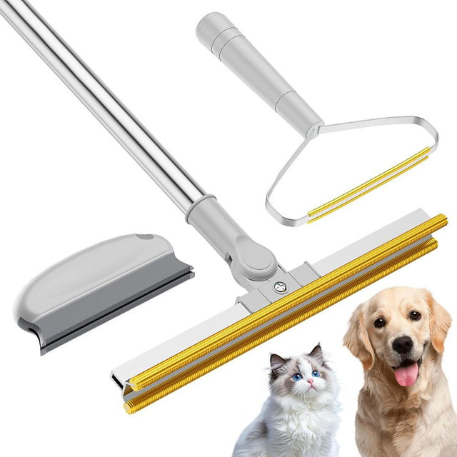 Bolfie 3 in 1 Carpet Rake for Pet Hair Removal, Tool Set of 3, 55” Long Handle Carpet Pet Hair Removal Carpet Scraper Dog Cat Hair Remover for Sofa, Couch, Car, Rug (Gray)