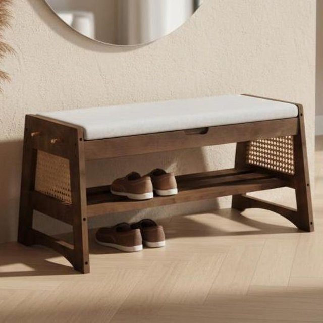 Shoe Rack Bench with Storage, Solid Wood Entryway Shoe Organizer with Cushion, Flip-Top Shoe Shelf Cabinet for Front Door, Hallway & Bedroom