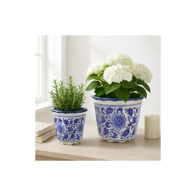 Decorative Ceramic Planters for Home Decor - Elegant Plant Pots and Flower Plants - Planters for Outdoor or Indoor - Set of 2, 8", Blue/White