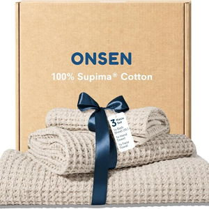 ONSEN Supima® Waffle Bath Sheet Set, Quick Dry Lint Free 100% USA Cotton, Large Bath Sheet Hand and Face Towel Bundle, 3 Piece (Oatmeal, Bath Sheet Set)