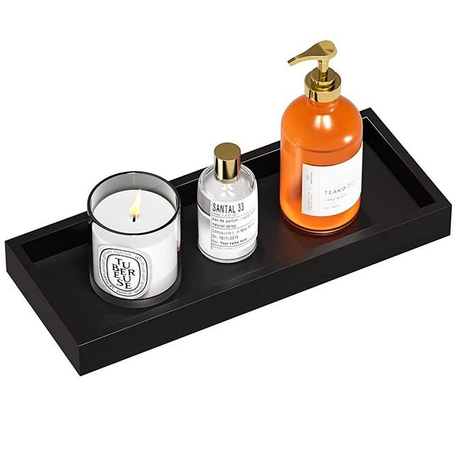 Bathroom Vanity Tray Bamboo Tray - for Counter Wood Small Bathroom Decorative Tray, Dresser Top Perfume Tray for Home Decoration 11.3” L x 4.4” W x 1.14” H （Black）