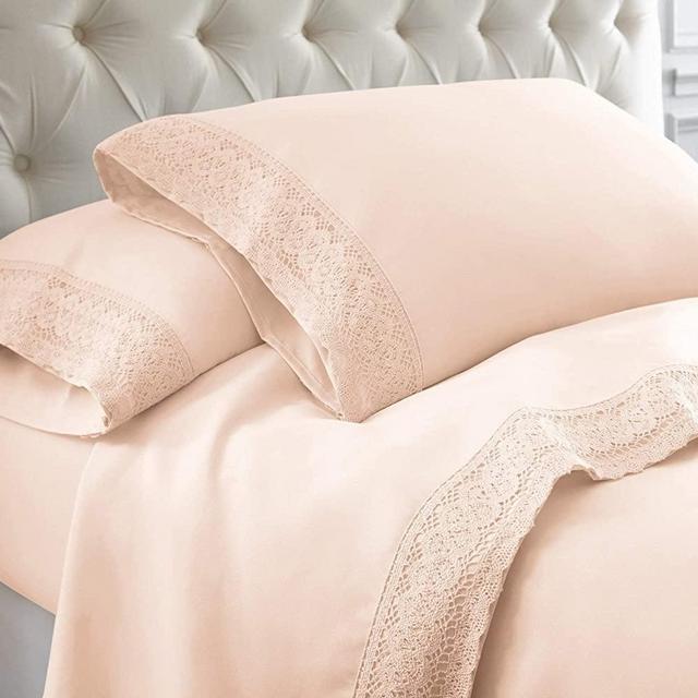 Amrapur Overseas 1MFLACEG-BLS-QN 4-Piece Crochet Lace Bed Sheet Set, Queen, Blush