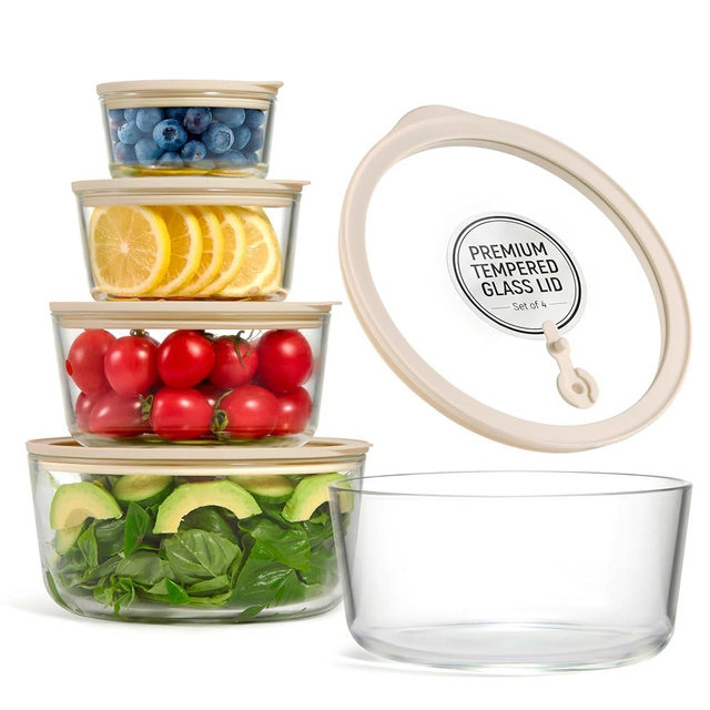 Vase and Vessel Glass Storage Container Set, Borosilicate Glass, Tempered Glass Lids, Baking Pan, Airtight with Vents, Microwave, Oven & Dishwasher Safe (Circular, Set of 4)