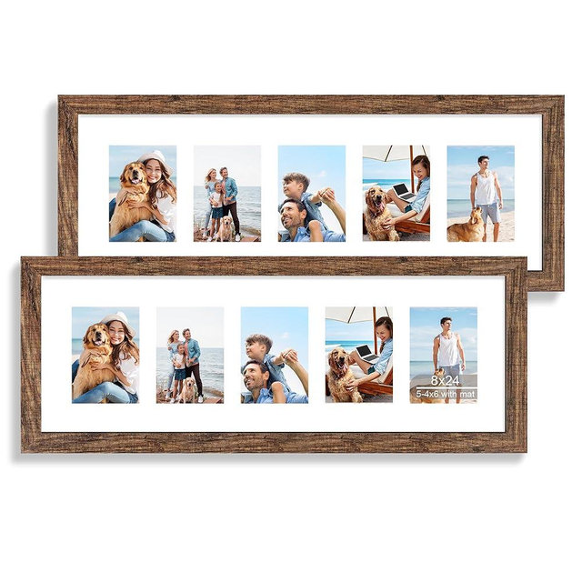 Hongkee 8x24 Picture Frame 2 Pack, Rustic Brown Wood Frame with Tempered Glass, Display Pictures Multiple Five 4x6 With Mat or 8 x 24 Without Mat - Horizontal or Vertical Wall Mounting