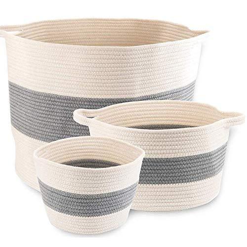 Little Hippo 3pc Large Cotton Rope Basket (21"x16") 100% Natural Cotton! Rope Basket, Woven Storage Basket, Large Basket, Blanket Basket Living Room, Toy Basket, Pillow Basket, Round Basket