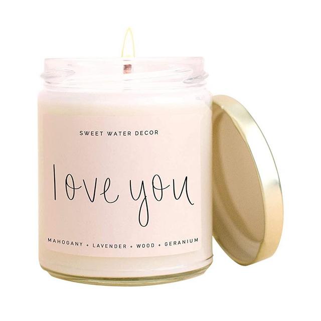 Sweet Water Decor, Love You Candle | Mahogany Teakwood Scented Soy Wax Candle for Home | Valentine's Day Gifts | 9oz Clear Glass Jar, 40 Hour Burn Time