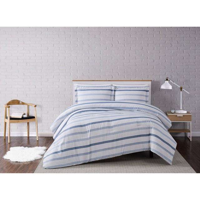 Full/Queen 3pc Waffle Stripe Comforter Set Blue/White - Truly Soft
