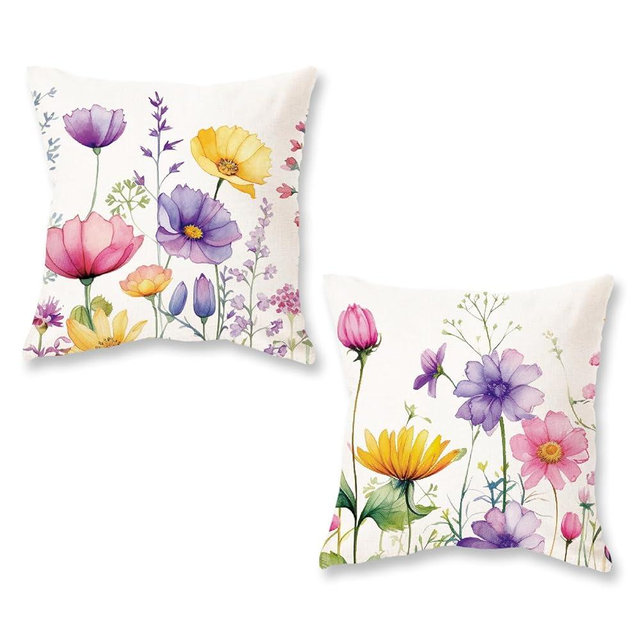 ONWAY Spring Summer Pillow Covers 18x18 Inch Set of 2 Floral Colorful Flowers Decorations Farmhouse Living Room Outdoor Cushion Case for Sofa Couch Home Bed