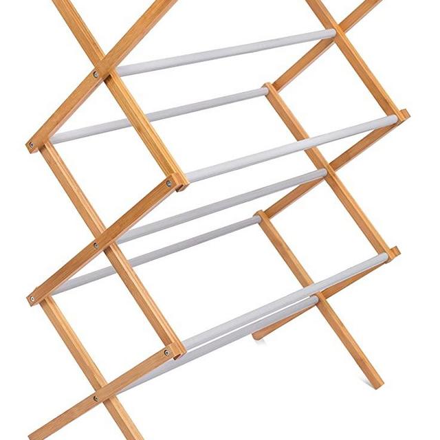 BIRDROCK HOME Folding Steel Clothes Drying Rack - 3 Tier - Water-Resistant Bamboo Wood - Fully Assembled Collapsible Dry Rack - Grey