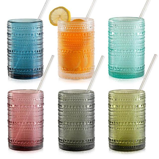KMIGRUAN 15oz Colored Hobnail Drinking Glasses Set of 6,Vintage Kitchen Glassware,Embossed Beaded Glass Cups,Water Tumbler for Cocktail,Juice and Various Mixed Drinks