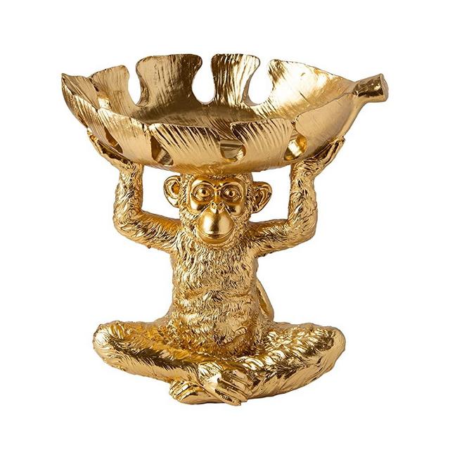 Adorable “Monkey” Candy Tray Made of Resin – Monkey Sculpture w/ Split Leaf Dish for Snacks, Nuts, Candies & More – Decorative Holder w/ Golden Finish for Keys or Jewelry – Ornament for Modern Decor