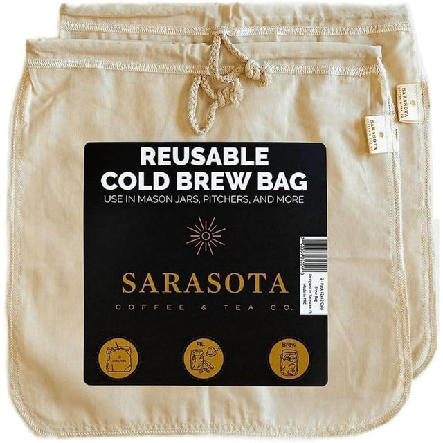 (2-Pack, Large 12in x 12in) Cold Brew Coffee Filter Bag for Mason Jar, Reusable, 100% Organic Cotton Cloth with Drawstrings, For Straining Coffee, Tea, Nuts, Milk, Cheese, 2 Pack