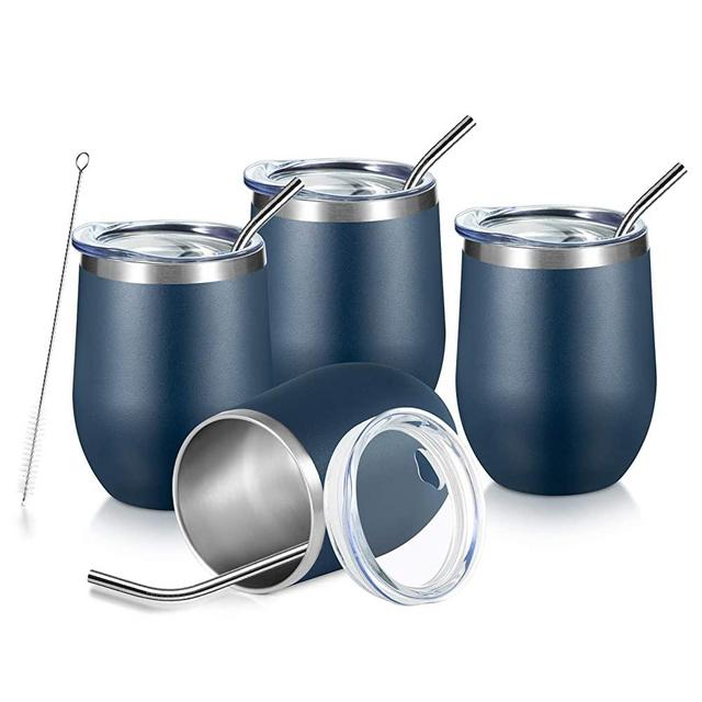 COMOOO Stainless Steel Wine Tumbler Set of 4 with Lid and Straw 12oz Double Wall Vacuum Insulated Wine GlassTumbler Cup for Hot and Cold Drinks, Coffee, Wine, Cocktails(Navy, 4 Pack)