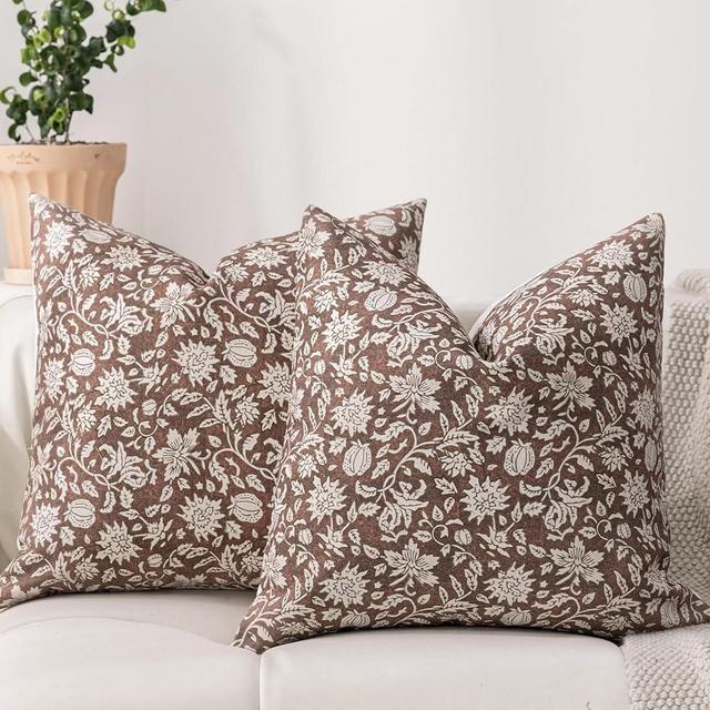 DWR Floral Throw Pillow Covers 20x20 Set of 2, Block Print Decorative Pillow Covers in Rusty Brown Red, Neutral Faux Linen Cotton Blend, Vintage Look for Couch, Sofa, Bed, Living Room