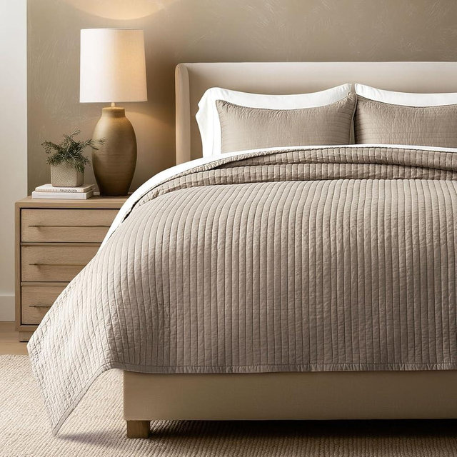 EVERGRACEHOME Cotton Sateen Quilt Set King Size, Pre-Washed Cotton Channel Stitch Coverlet Bedspread, 3 Pieces Lightweight Soft Bedding Sets for All Season, with 2 Pillow Shams, Stone Taupe