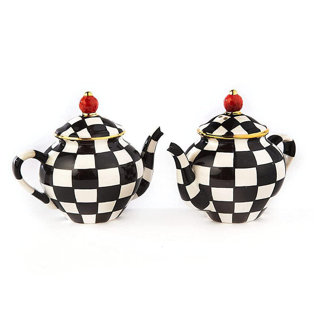 MacKenzie-Childs Teapot Salt and Pepper Set, Black-and-White Ceramic Shakers