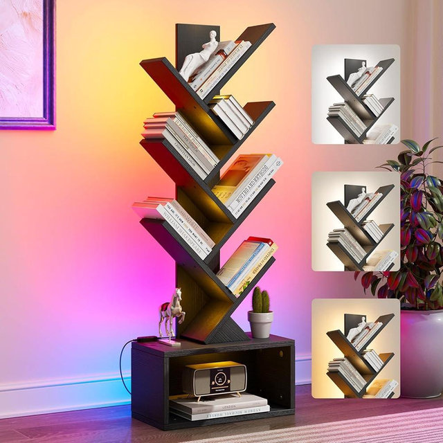 Evermagin 6 Tier Tree Bookshelf with Lights, LED Book Tree Bookshelf with Storage Organizer, Small Corner Bookcase Floor Standing Book Shelf for Living Room, Bedroom & Home Office, Black