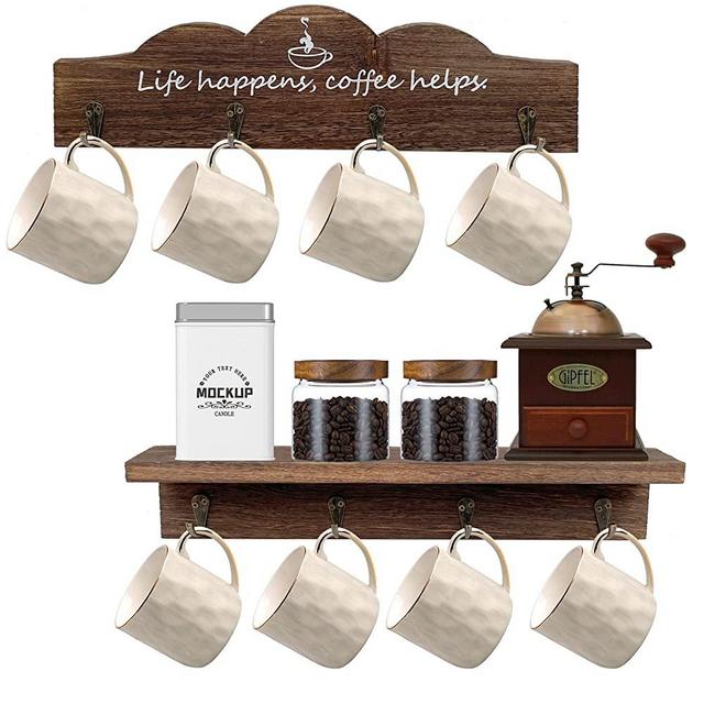 Ismosm Coffee Cup Holder 2 Pcs Kitchen Wall Decor Coffee Mug Holder with 8 Sturdy Hooks Mug Rack for Farmhouse Kitchen Decorations, Coffee Station, Office Decor, Mug Organizer, Mug Display (Brown)