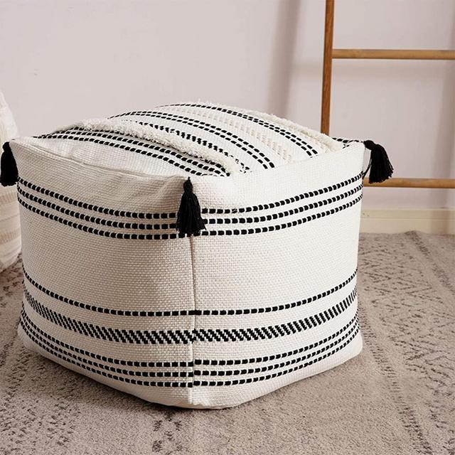 Stripe Morocco Tufted Boho Decorative Unstuffed Pouf - Black Off White Casual Ottoman Pouf Cover with Big Tassels, Neutral Foot Rest/Cushion Cover ONLY for Bedroom Living Room, 18"x18"x16"