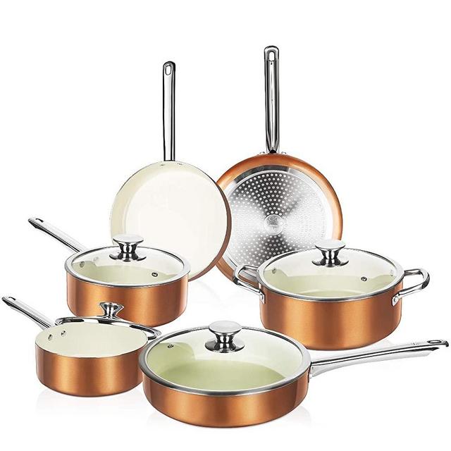 FRUITEAM 13-Piece Cookware Set Non-stick Ceramic Coating Cooking Set, Induction Pots Pans Set with Lids, Heavy Duty Stainless Steel Handles, Induction, Oven, Gas, Stovetops Compatible for Family Meals