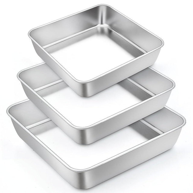 TeamFar Square Cake Pan, 6/8 / 9 Inch Stainless Steel Square Baking Pan for Cake Brownie Lasagna, Non-Toxic & Heavy Duty, One Piece Design & Deep Wall, Smooth & Dishwasher Safe – Set of 3