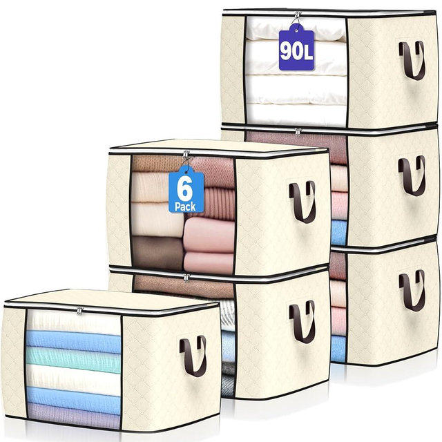 90 L Large Storage Bags, 6 Pack Clothes Storage Bins Foldable Closet Organizers Storage Containers with Reinforced Handle for Clothing, Blanket, Comforters, Bed Sheets, Pillows and Toys (Beige)