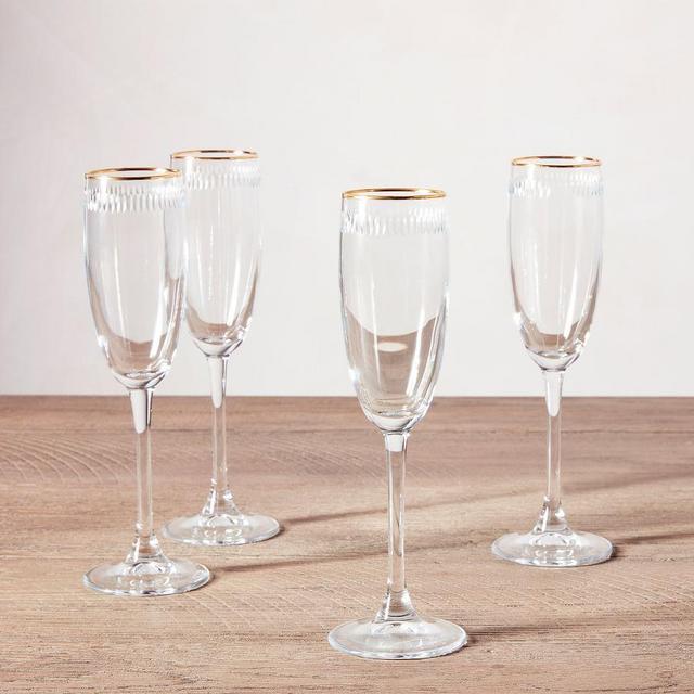Etched Gold Rim Champagne Flutes, Set of 4