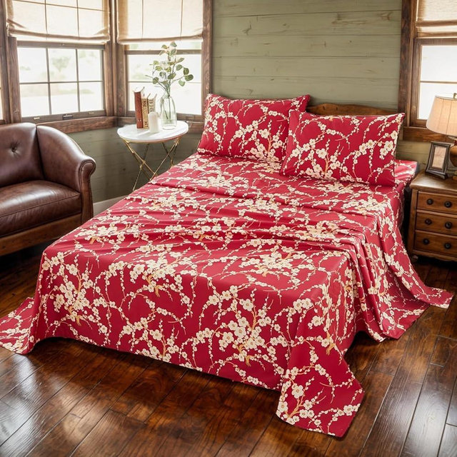 Brandream Floral Sheet Set King Size Japanese Oriental Style Cherry Red Blossom Flower Branches Print Chinoiserie Bedding Pillowcases Set 800TC Egyptian Cotton Sateen Botanical Tree Deep Pocket, 4 Pcs