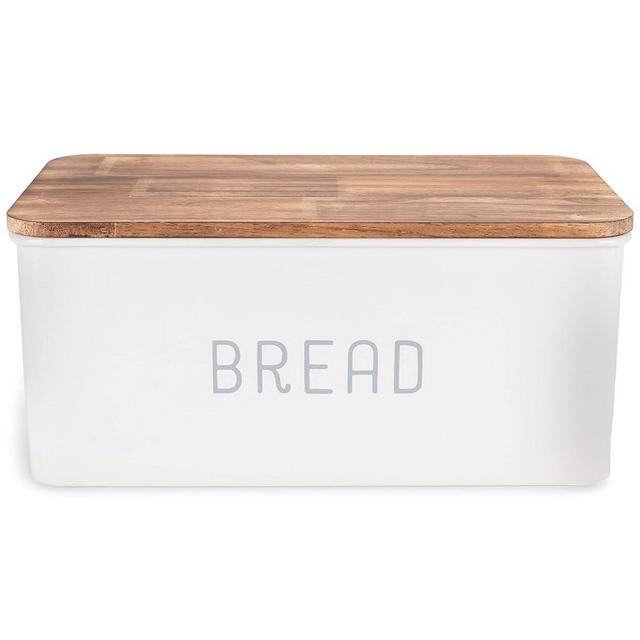 Nat & Jules Matte White 12 x 7 Metal Enamel Rubber Wood Lidded Bread Box