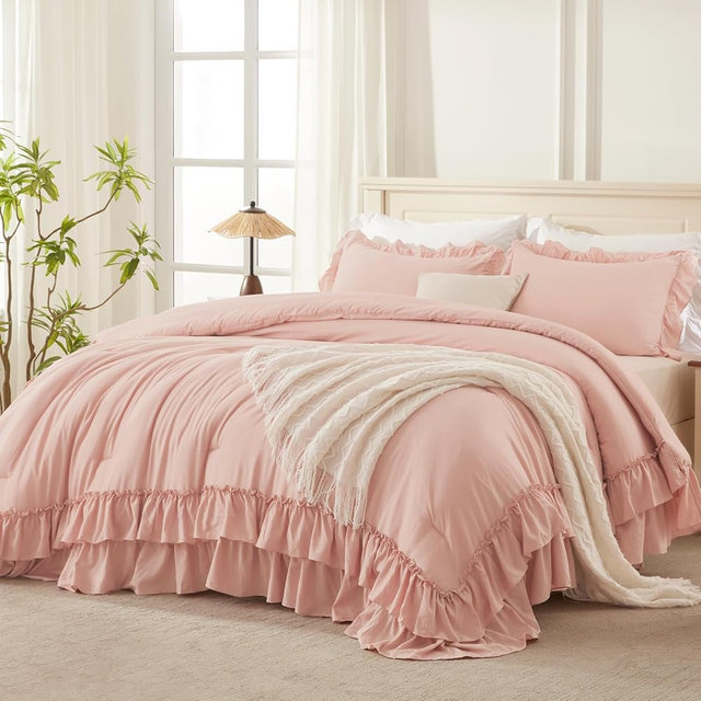 Andency Blush King Comforter Set(104x90Inch), 3 Pieces Farmhouse Shabby Chic Ruffle Bedding Comforter Sets, Lightweight Fluffy All Season Soft Polyester Bed Set