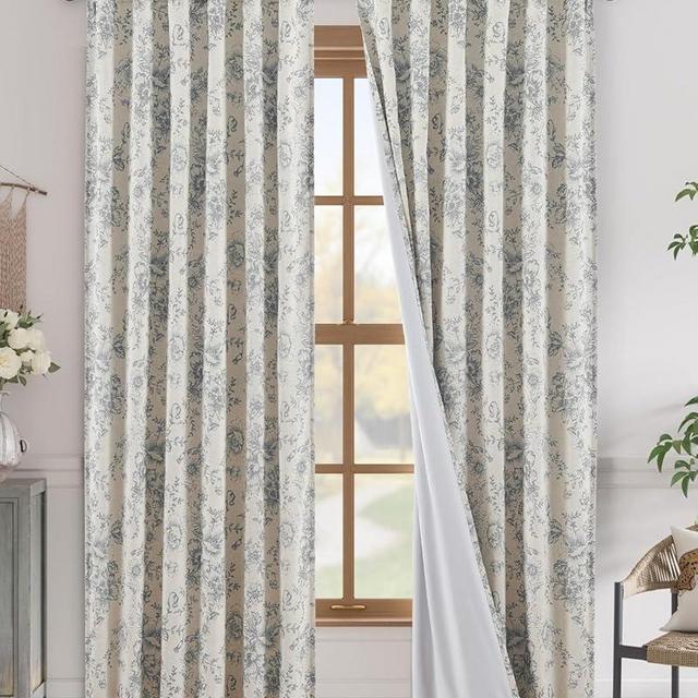 jinchan Blackout Linen Curtains Floral Curtains for Living Room 90 Inch Length Grey Printed Curtains with Lined Blackout Curtains for Bedroom Farmhouse Flower Patterned Curtains Set 2 Panels