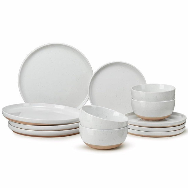12 Pieces Farmhouse Stoneware Dinnerware Sets, Speckled Ceramic Plates and Bowls Set, Matte Terracotta Underside Ceramic Dishes Set for 4, Scratch Resistant Microwave & Dishwasher Safe(Glacier White)