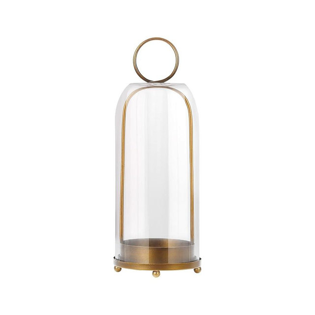 Twakutwaku 16" High Versatile Modern Metal Hurricane Lantern with Handmade Sturdy Glass Dome in Antique Brass for Pillar Candle & Plants, Industrial, Farmhouse, Shabby Chic (Brass, 6.3"x16.5")