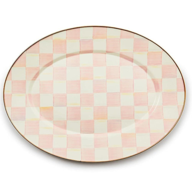 MACKENZIE-CHILDS Enamel Oval Platter, Serving Plate for Entertaining, Medium, Pink-and-White Rosy Check