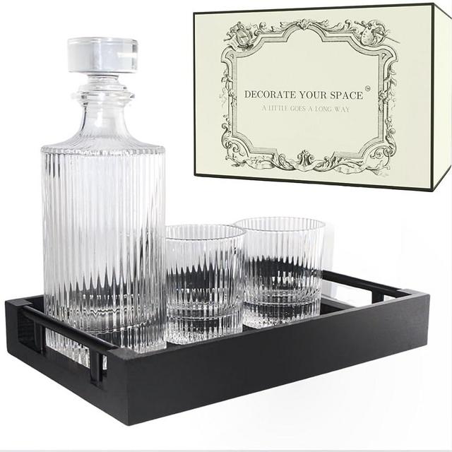 Bedside Water Carafe and Glass Set 2 cups 1 Lid with Ottoman tray | Bedside Carafe, Water Carafe With Glass Cup For Nightstand, Ribbed Glasses Wine & Whiskey Decanter Set for Home Decor