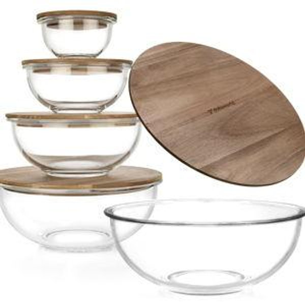 Set of 5 Nesting Glass Bowls with New Updated Acacia Lids for Foodprep, Storage, Mixing & Cooking - Microwave & Oven-ready BPA Free Durable Heat Resistant Inert Borosilicate Glass