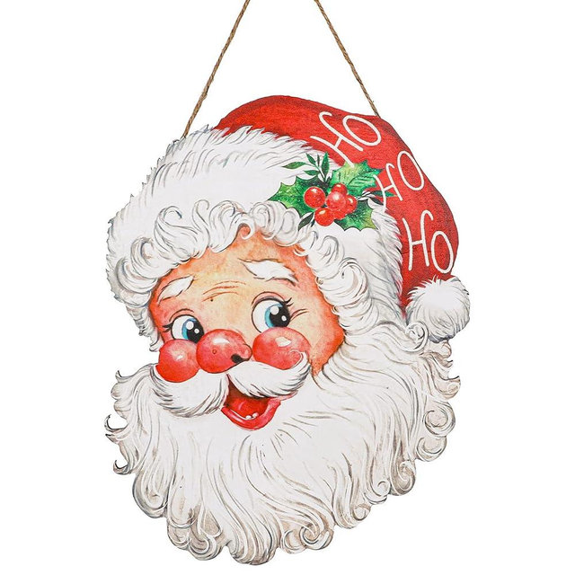 Whaline 15 Inch Christmas Santa Claus Wooden Hanging Sign Christmas Cartoon Welcome Front Door Sign Door Hanger Decoration for Home Indoor Outdoor Farmhouse Wall Window