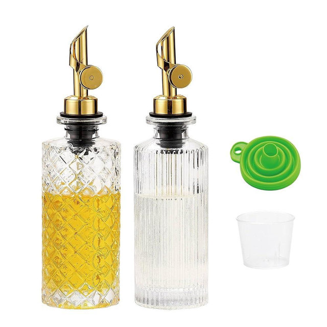 MOLADRI Glass Olive Oil Dispenser Bottle Small, 6.5 Oz/ 200 ml Coffee Simple Syrup Bottles with Gold Metal Pour Spout, Funnel, Measuring Cup, Oil and Vinegar Bottle for Kitchen (2 Pack)