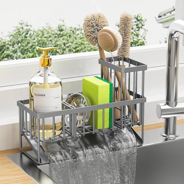 Cisily Kitchen Sink Caddy, Sponge Holder for Kitchen Sink, Kitchen Sink Organzier and Storage with High Brush Holder, 304 Stainless Kitchen Gadgets Sink Accessories, Organizadores de Cocina Grey