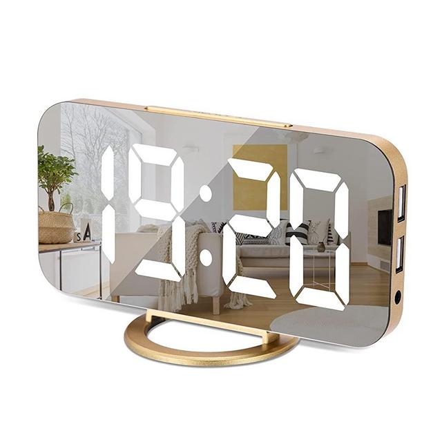 Digital Clock Large Display, LED Electric Alarm Clocks Mirror Surface for Makeup with Diming Mode, 3 Levels Brightness, Dual USB Ports Modern Decoration for Home Bedroom Decor-Gold